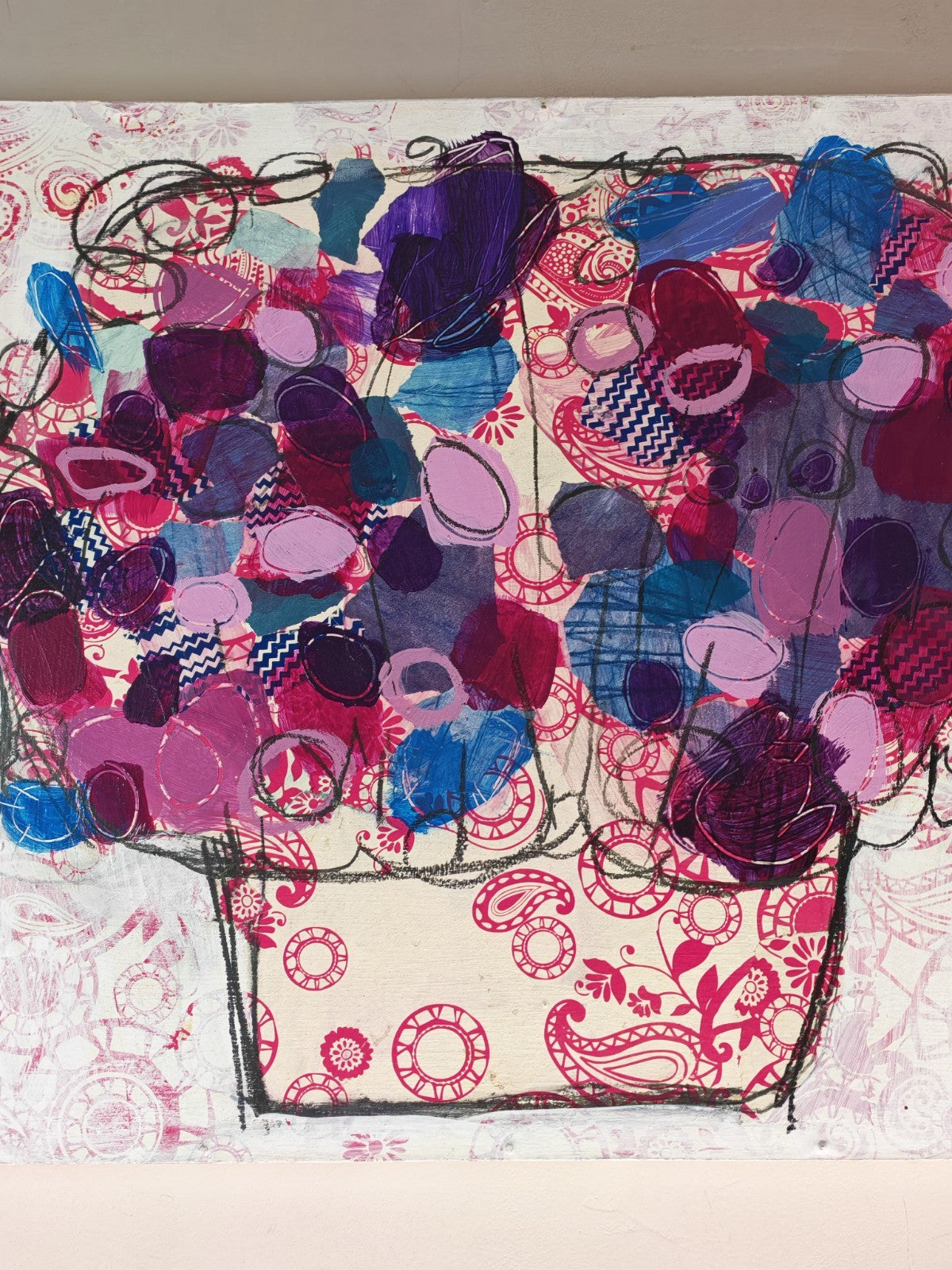 INES SZAMREY "Paper Flowers No. 7" Signed Original Oil Acrylic and Paper on Board