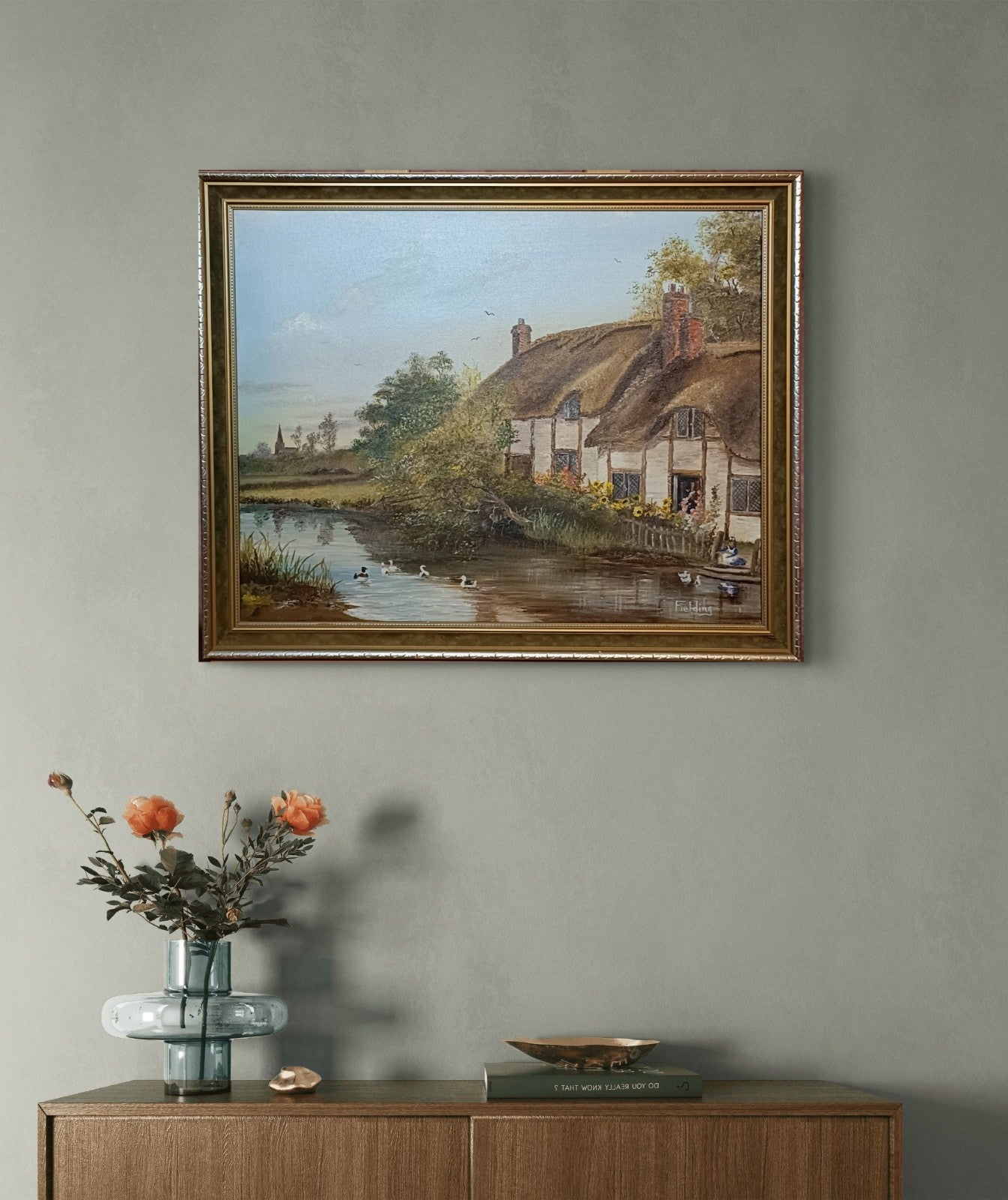 Framed original oil on canvas by Curated Treasures featuring Thatch Cottage on River Nadder in a serene countryside scene
