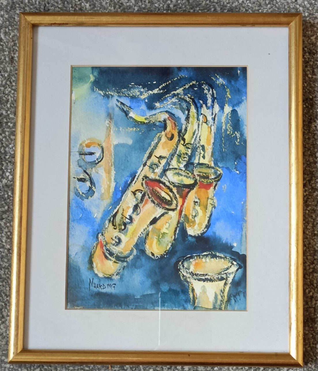 M HARDING Watercolour paintings, Saxophone paintings x2