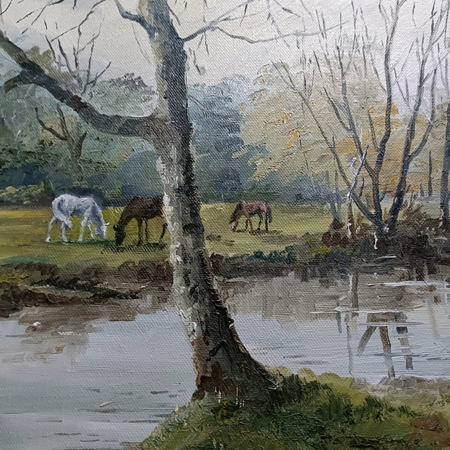 DENYS GARLE Framed Original Oil Painting “Riverbank with Horses”