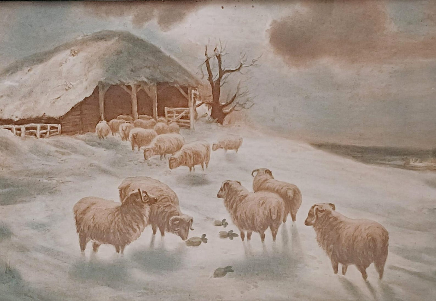 A Pair of Vintage/Antique Pictures Featuring Sheep in Snowy Landscapes