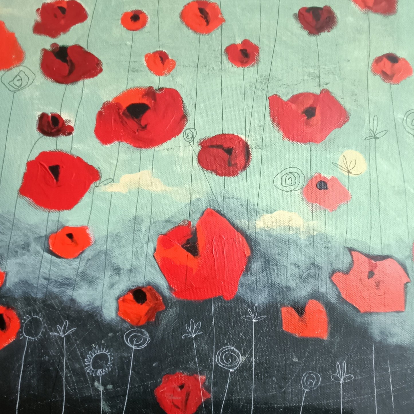Framed original mixed media painting of vibrant poppy fields by Angela Smyth, displayed in a sleek frame, from Curated Treasures.
