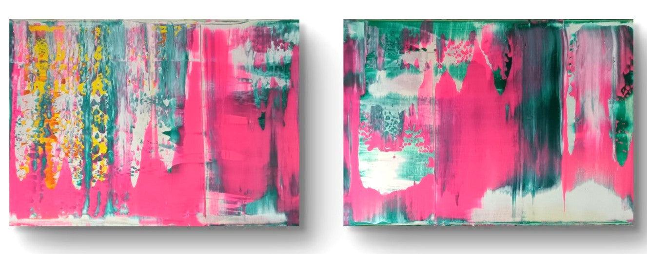 Signed original abstract diptych paintings titled "Pink Mountains" by Curated Treasures, featuring vibrant pink mountain landscapes.