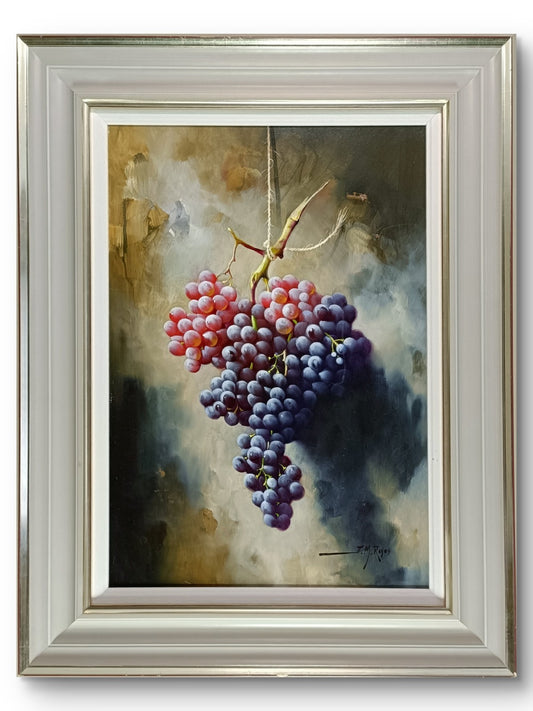 J M REYES (b.1963) Framed Signed Oil on Board “Racimo de Uvas Rojas”