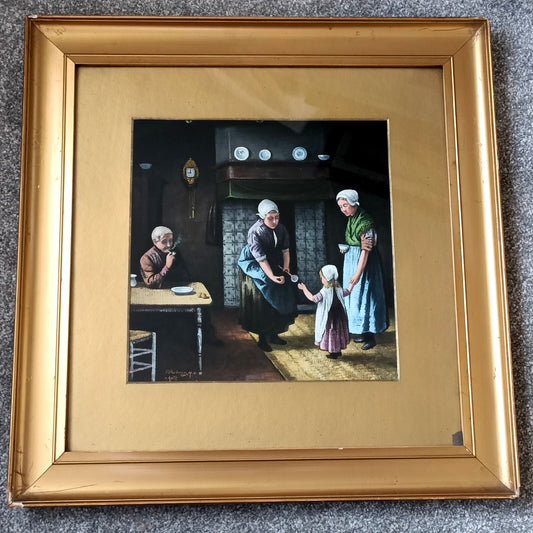 Dutch style "Family in a kitchen" Oil on Textile Painting