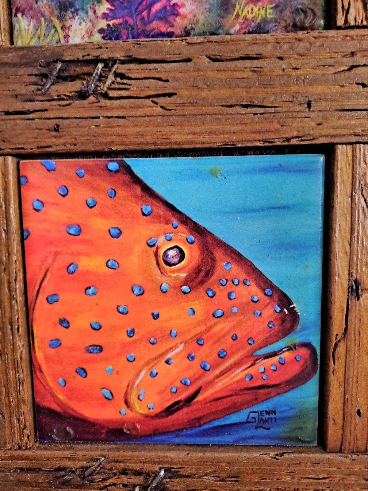 Lobster Trap Art NADINE and GLENN LAHTI 4 Tile Prints Framed “Reef Dwellers”