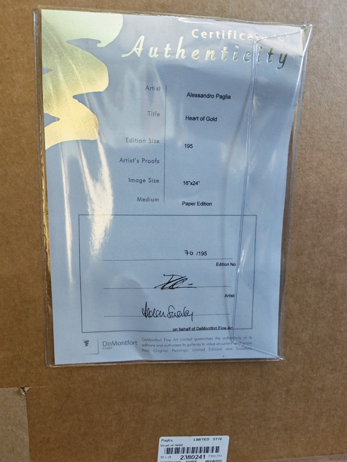 ALESSANDRO PAGLIA Framed Signed Limited Edition "Heart of Gold" 70/195