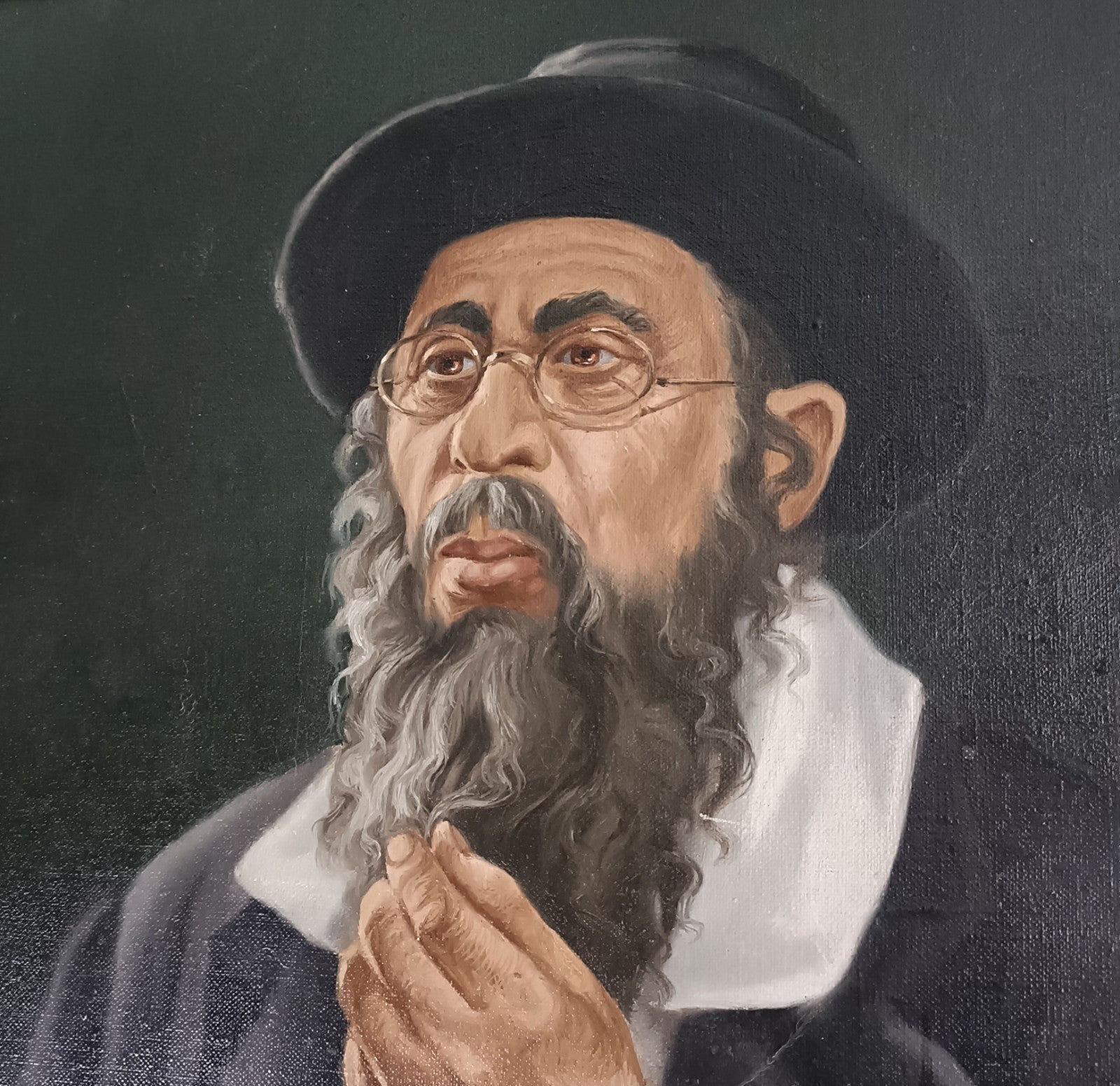 Original oil on canvas by Solomon Leski, framed, depicting a portrait of a rabbi in black and grey tones.