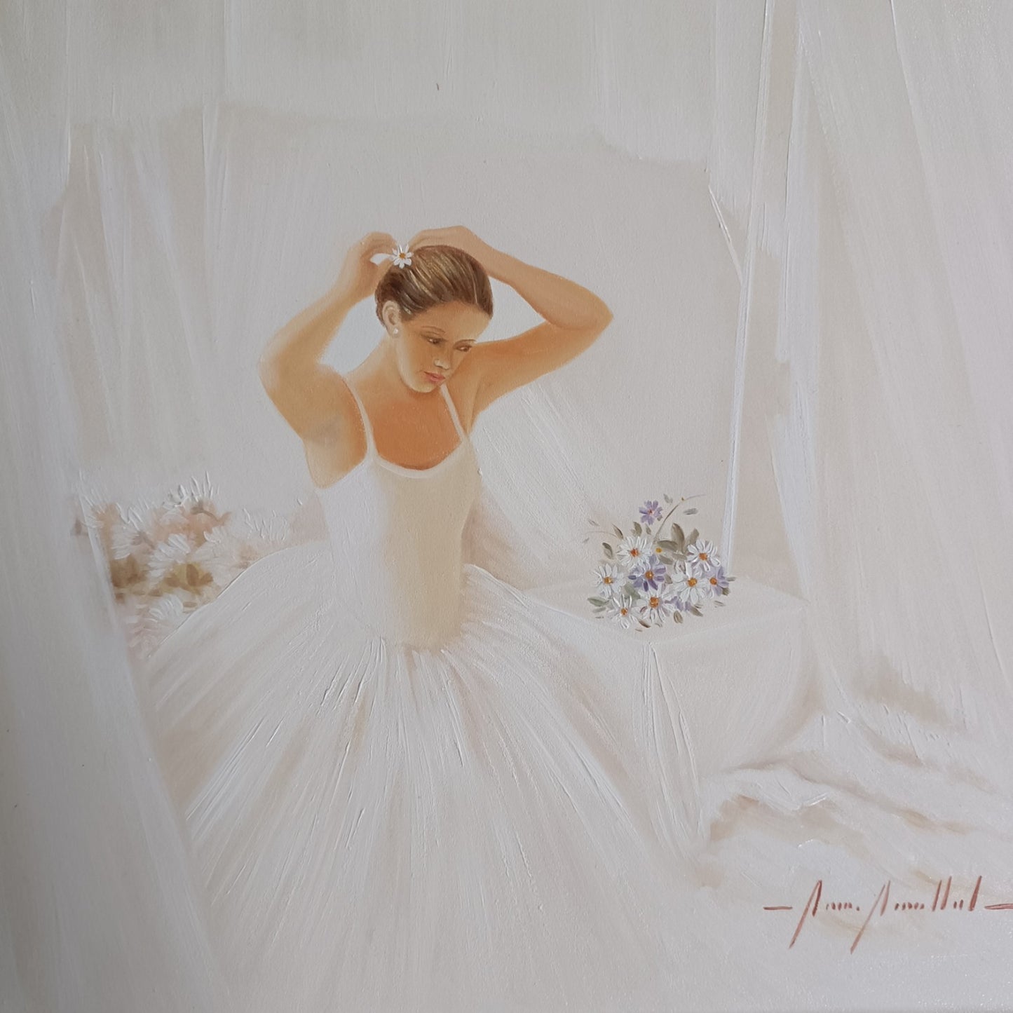Framed signed oil painting of a seated ballerina by Marisa Mallol, displayed in a decorative frame, from Curated Treasures.