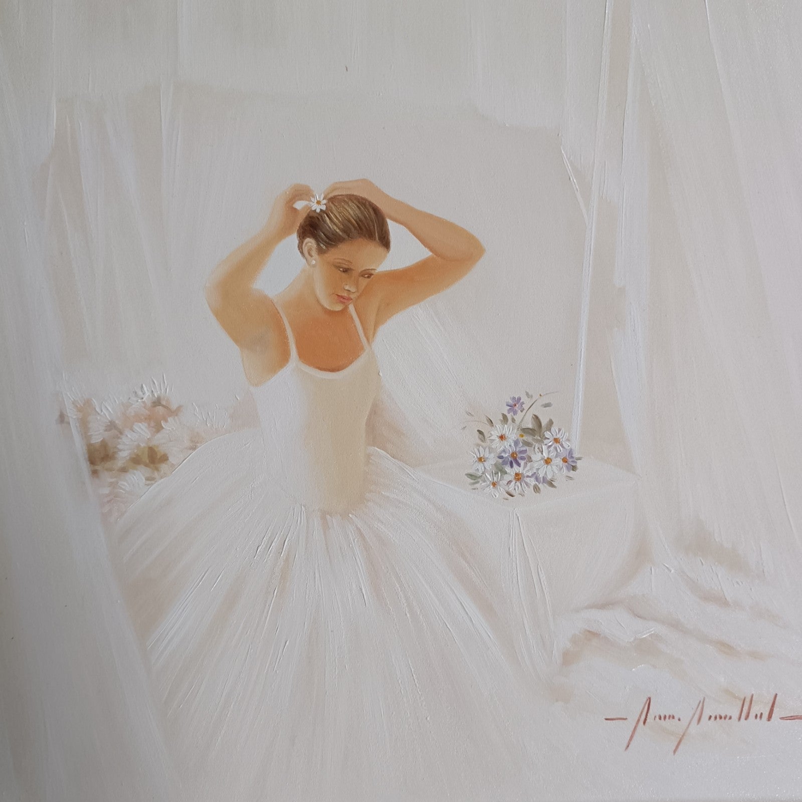 Framed signed oil painting of a seated ballerina by Marisa Mallol, displayed in a decorative frame, from Curated Treasures.