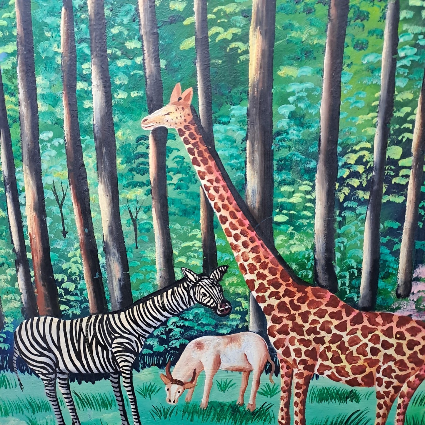 RODRIGUE MERVILUS (b.1947) Oil on Board "Colourful jungle scene w/ wild animals"