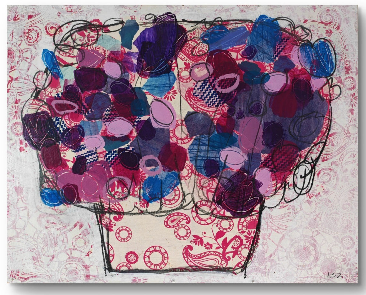INES SZAMREY "Paper Flowers No. 7" Signed Original Oil Acrylic and Paper on Board