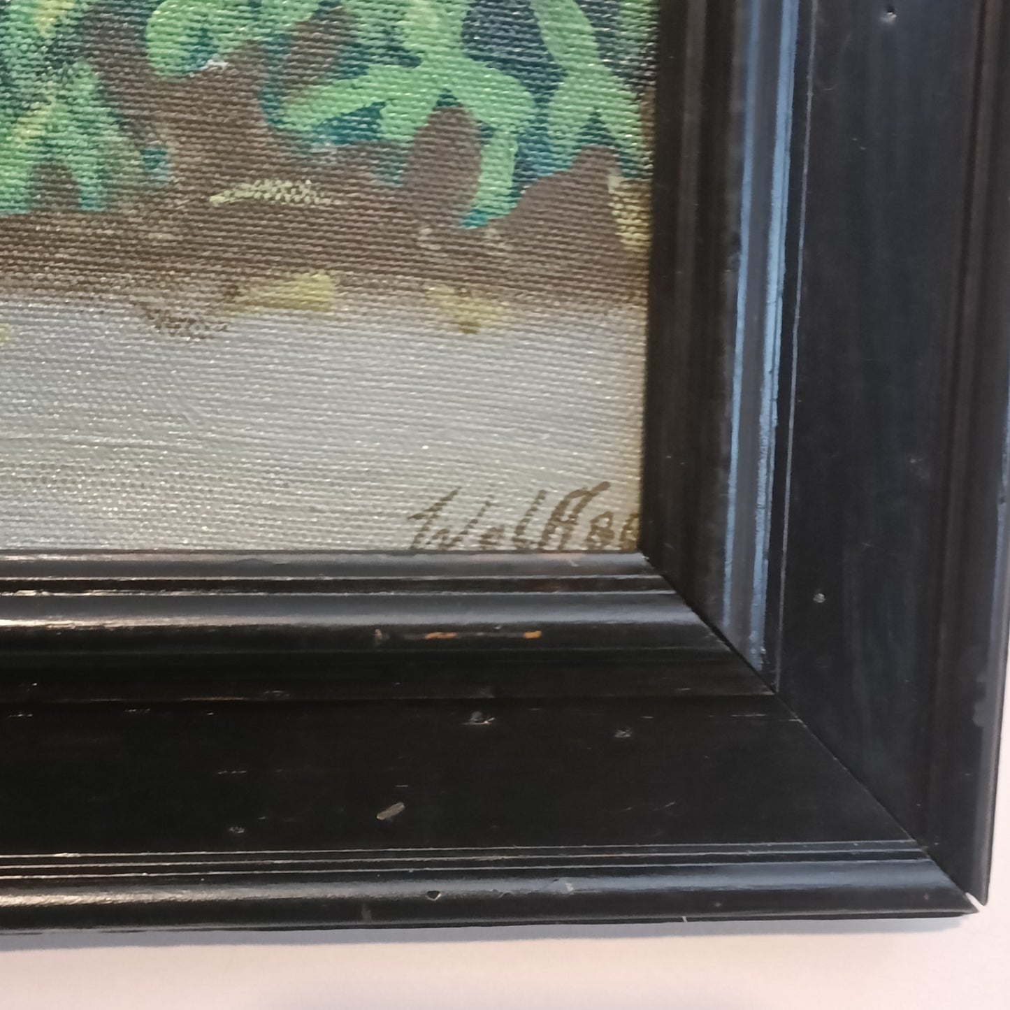 Signed framed oil painting of Doctor Samuel Johnson's summer house at Kenwood by WOLFF, displayed with a decorative frame.