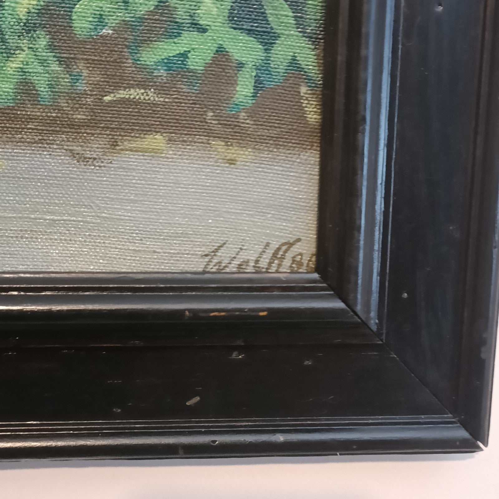 Signed framed oil painting of Doctor Samuel Johnson's summer house at Kenwood by WOLFF, displayed with a decorative frame.