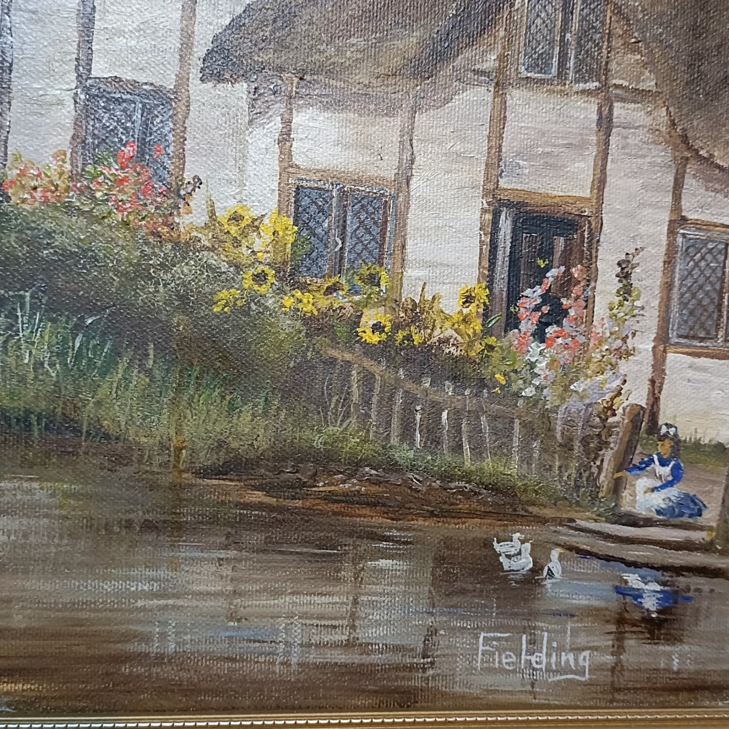 Framed original oil on canvas painting of Thatch Cottage on River Nadder by Curated Treasures, featuring a scenic rural landscape.