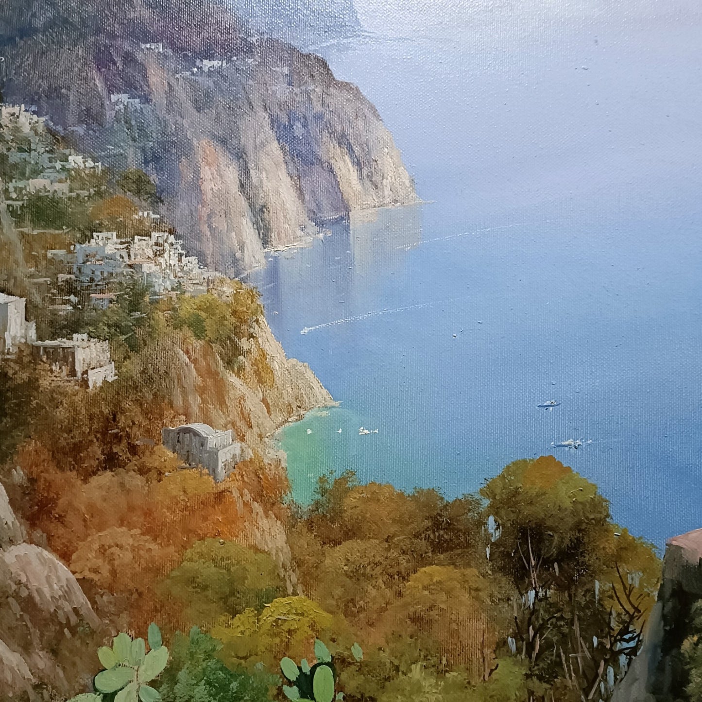 Signed framed original oil painting of the Amalfi Coast by Giuseppe Torella, showcasing vibrant coastal scenery and artistic detail.