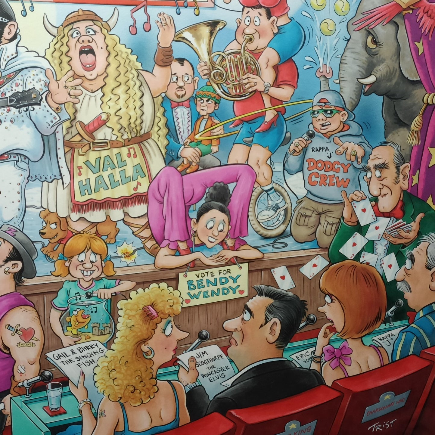Original GEOFF TRISTRAM Gouache Cartoon "The Talent Show" (BGT) Jigsaw Art