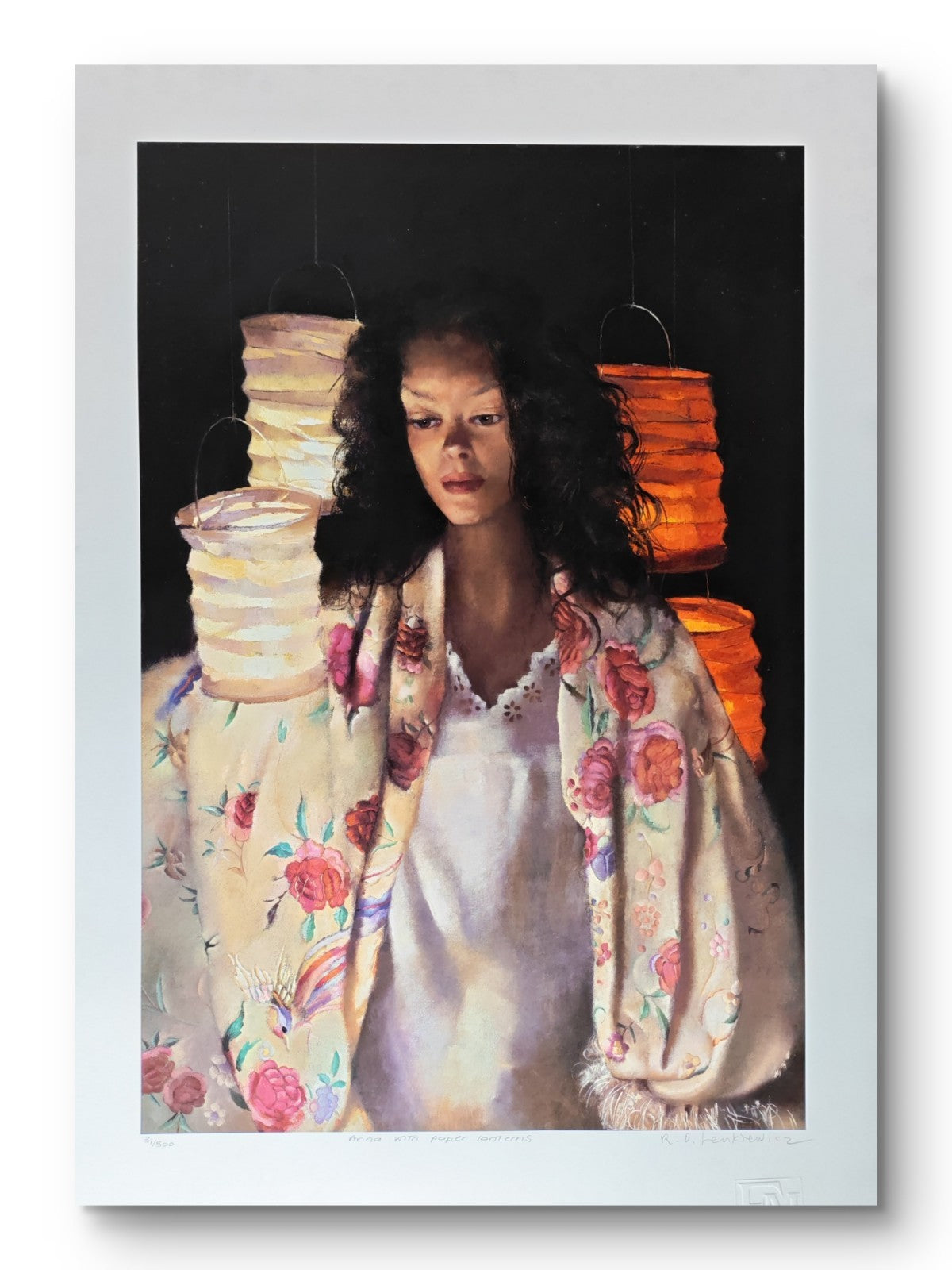 Signed limited edition print of Robert Lenkiewicz's "Anna With Paper Lanterns" by Curated Treasures, numbered 31 of 500.