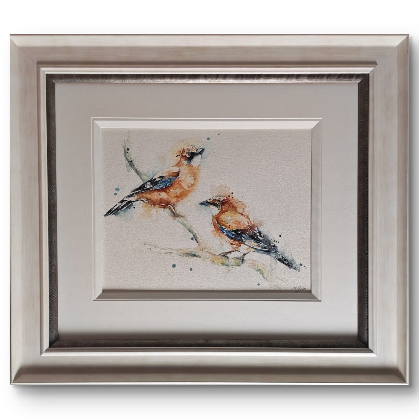 AMANDA GORDON "Jewels of the wood - Two Jays" Original Watercolour Painting
