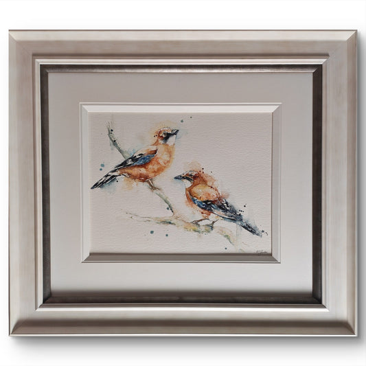 AMANDA GORDON "Jewels of the wood - Two Jays" Original Watercolour Painting