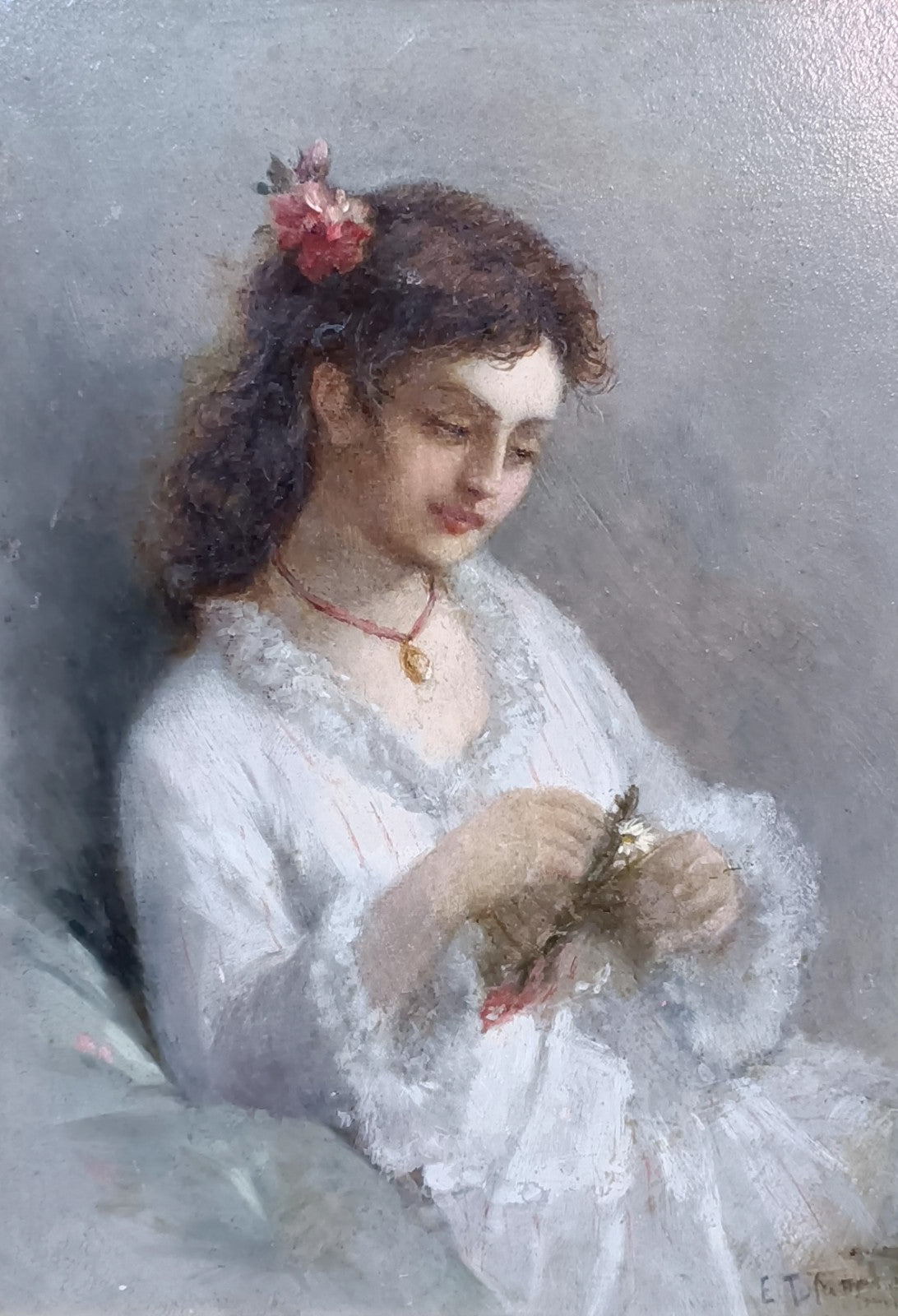 Attrib. EDUARDO TOFANO (1838-1920) Oil Painting Gilt Frame "Girl in White Dress"