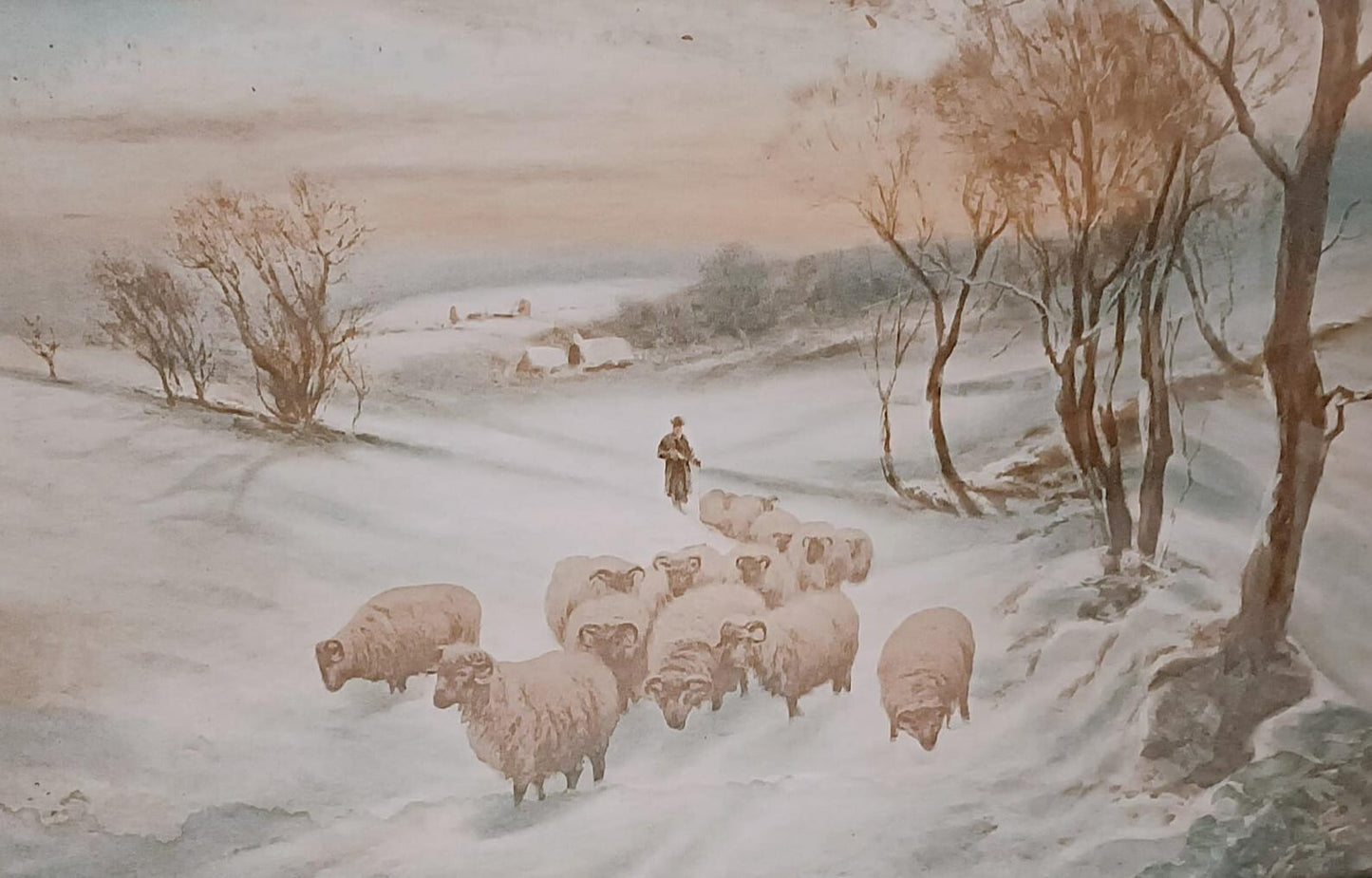 A Pair of Vintage/Antique Pictures Featuring Sheep in Snowy Landscapes