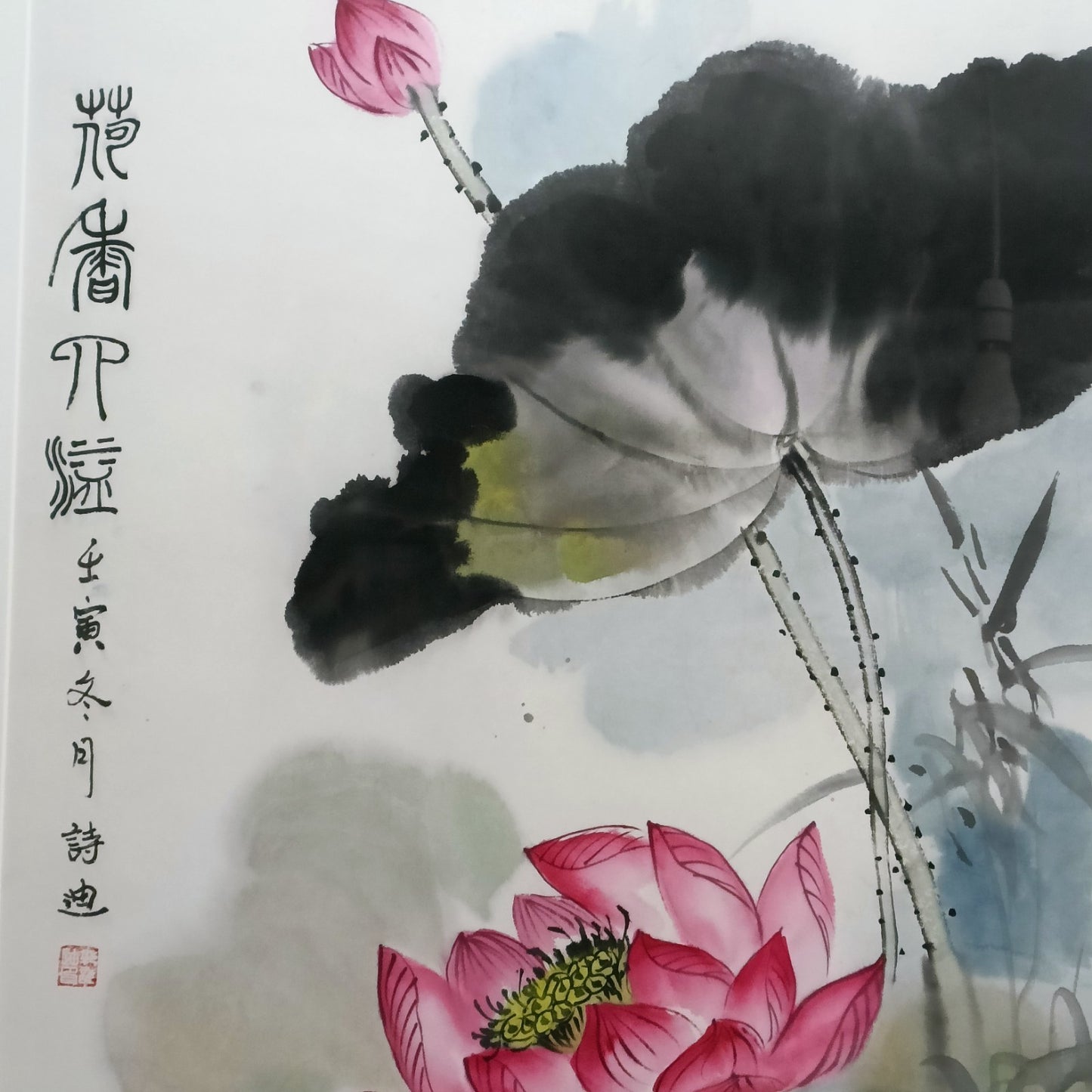 Chinese school framed ink and wash painting of lotus flower and bird with seal stamp, by Curated Treasures.