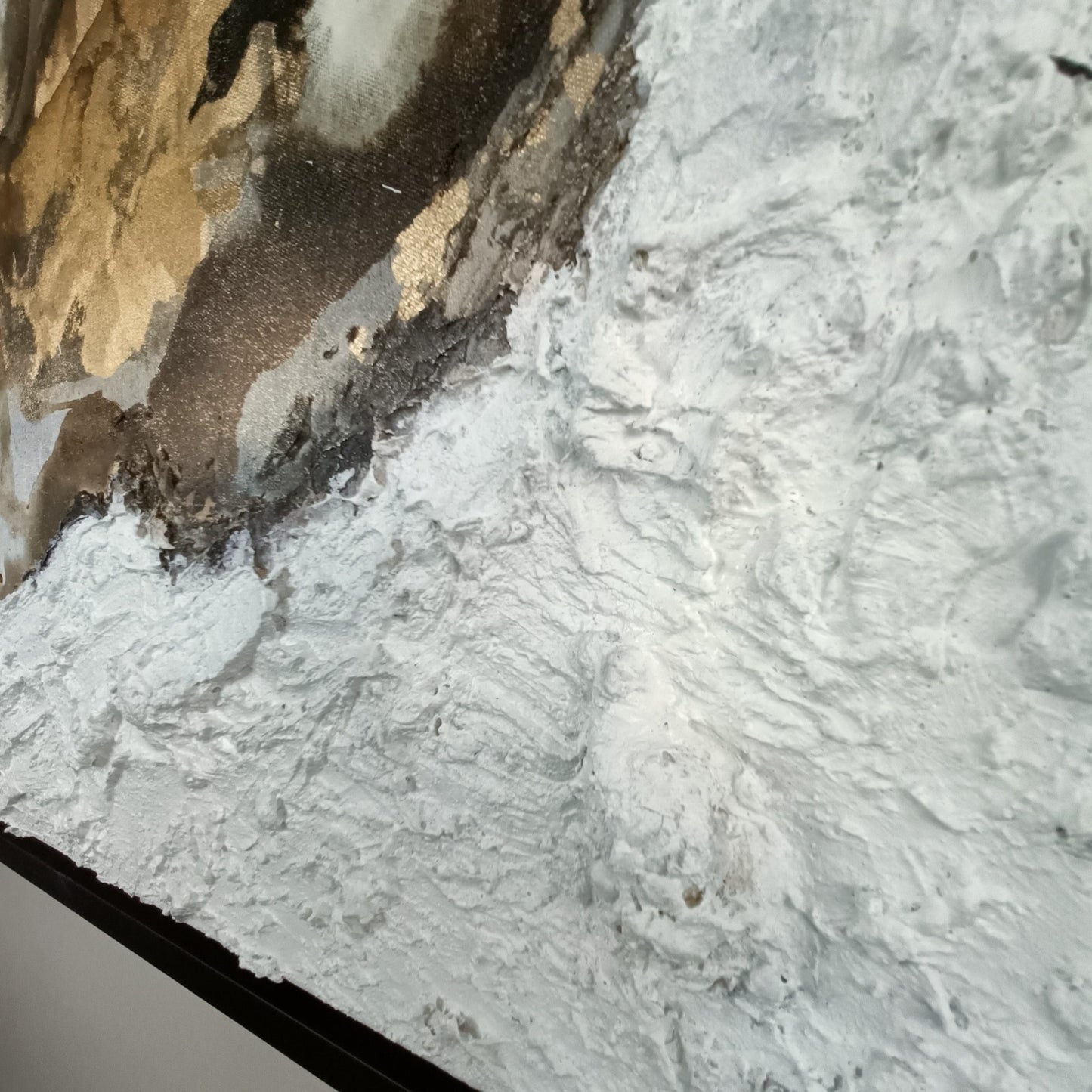 Large original mixed media abstract painting titled "Mocha" by Rajan Seth, featuring earthy tones and textured artistic brushstrokes.