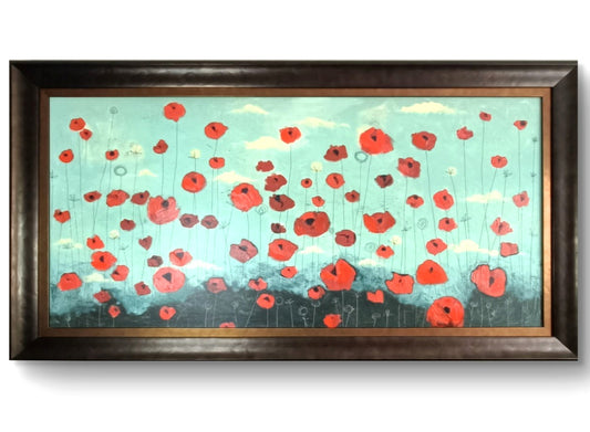 Angela Smyth framed original mixed media painting titled "Lazy Day" featuring vibrant colors and abstract design.