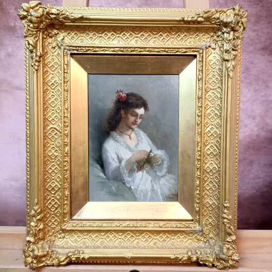 Attrib. EDUARDO TOFANO (1838-1920) Oil Painting Gilt Frame "Girl in White Dress"