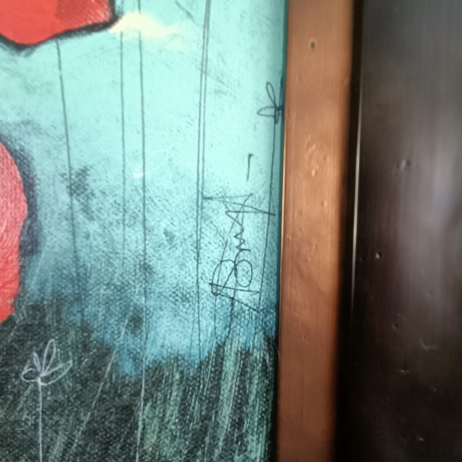 Framed original mixed media painting "Lazy Day" by Angela Smyth, featuring vibrant colors and textured artwork on canvas.