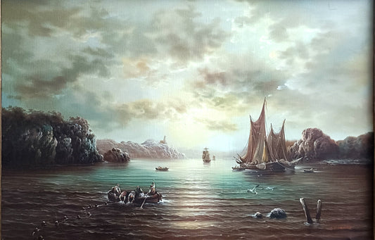 SD RICHELLE Dutch Style Original Oil Painting - Fishing Boats Hauling Nets