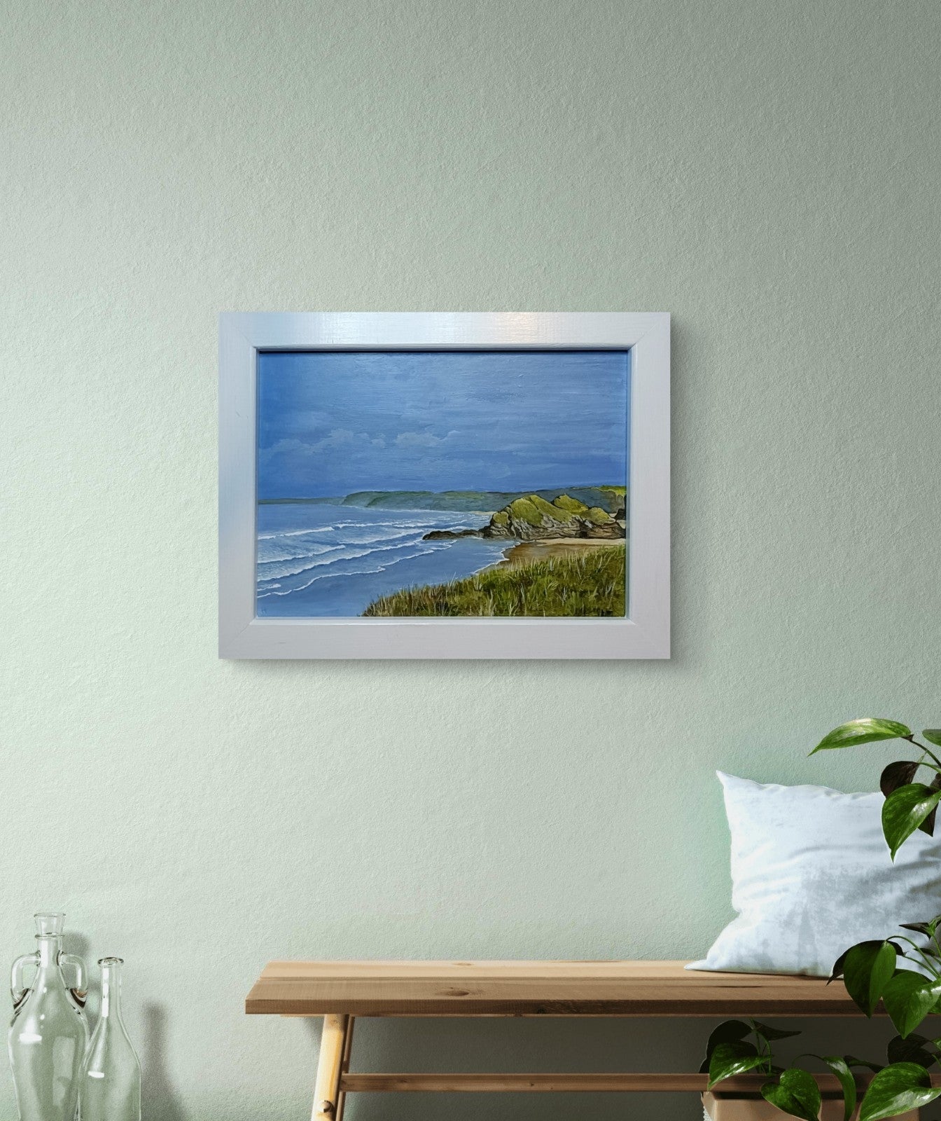Framed original oil on board by JAN MERRICK HORN depicting Whipsiderry Beach, signed artwork, part of Curated Treasures collection.