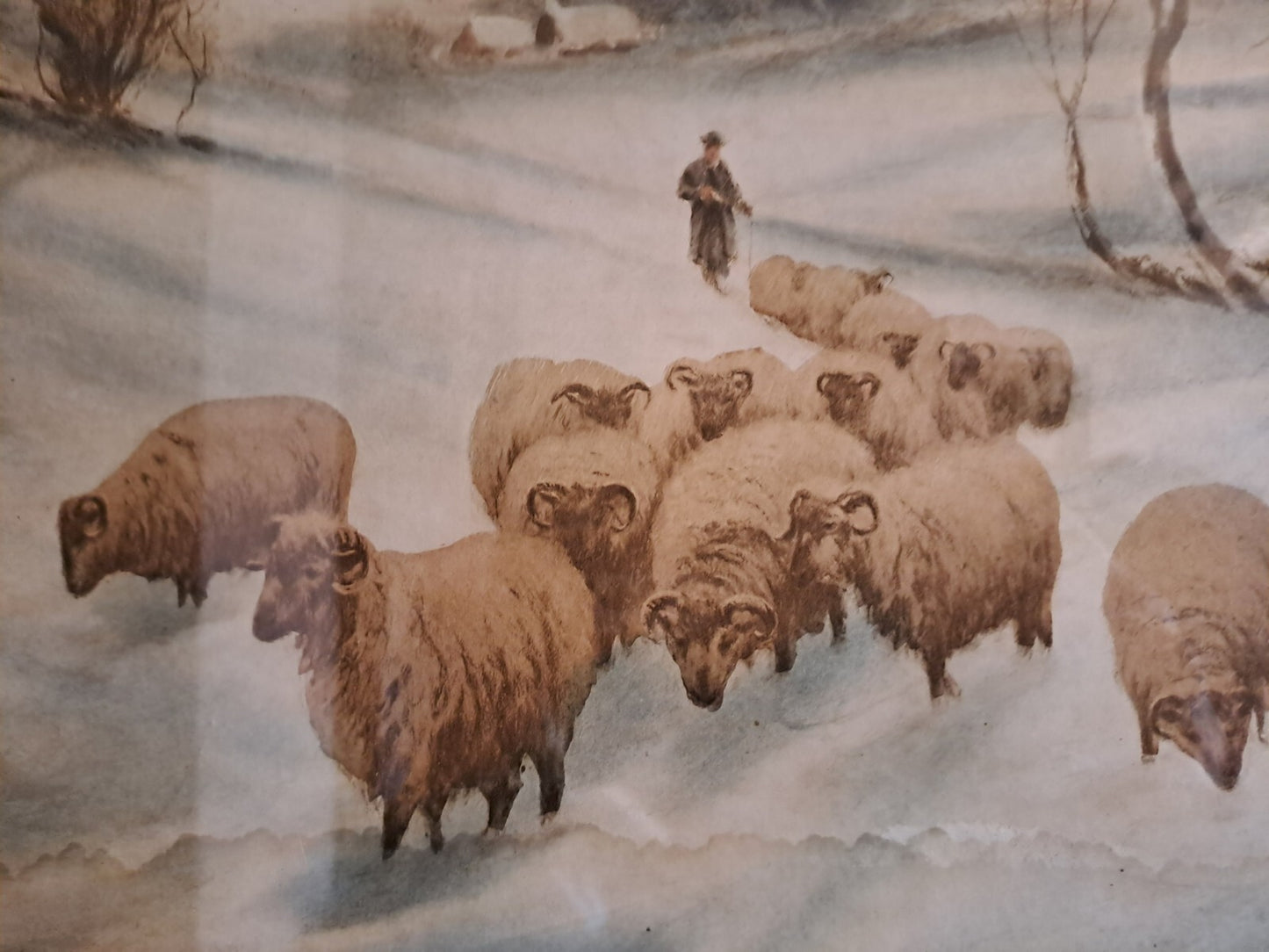 A Pair of Vintage/Antique Pictures Featuring Sheep in Snowy Landscapes