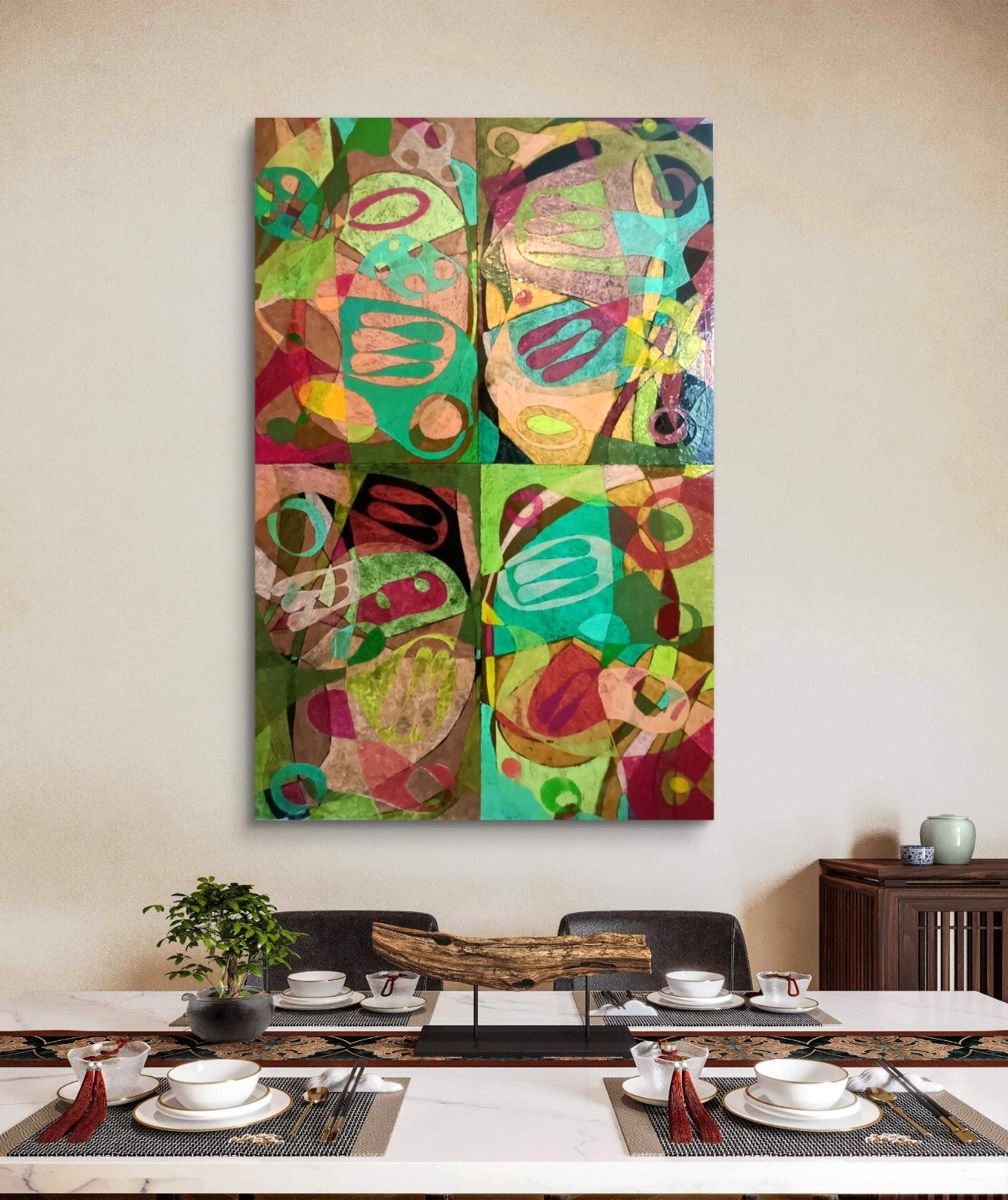Mixed media art by Julia Noble titled "After Picasso, Pink and Green" featuring vibrant pink and green hues, created by Curated Treasures.