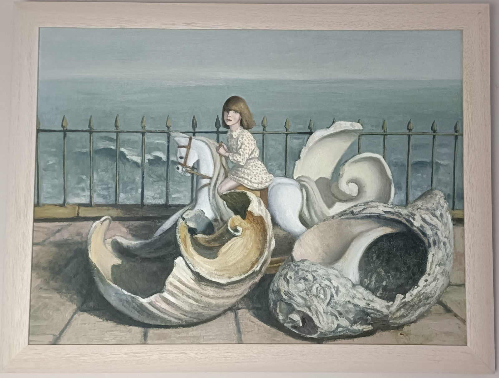 Surreal oil on board artwork by Frederick Bromfield depicting a girl with shells by the sea, from Curated Treasures collection.