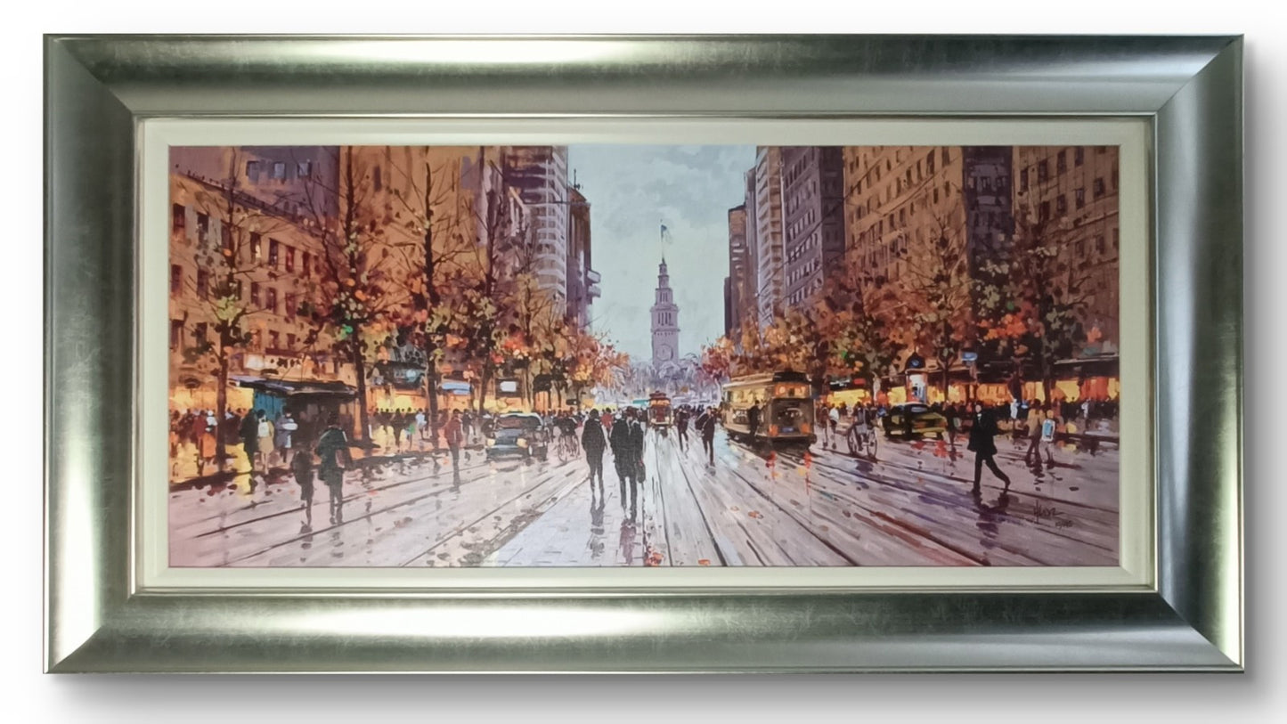 Framed signed limited edition art print by Henderson Cisz titled "Market St, San Francisco," numbered 10 of 195, from Curated Treasures.