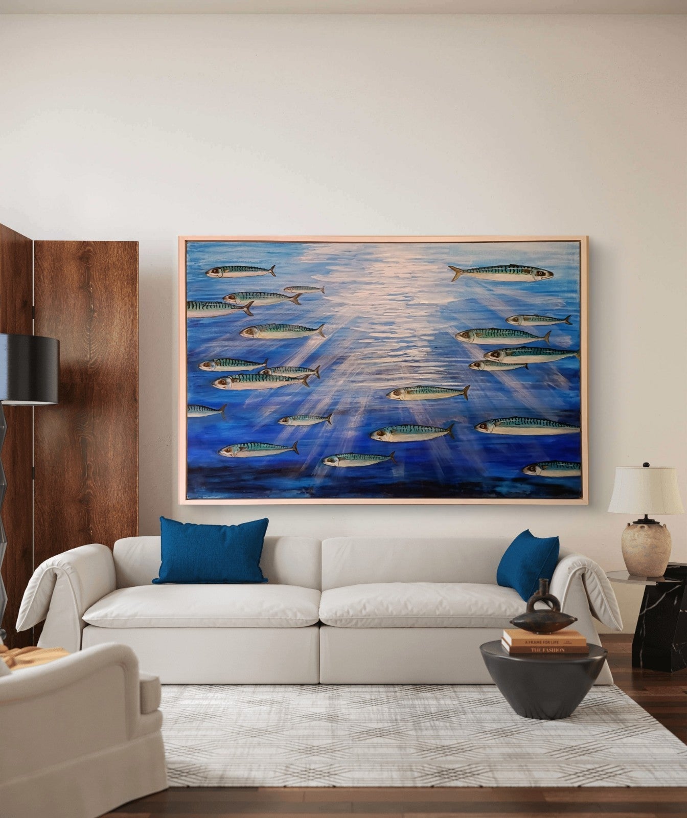 Large framed original oil painting "Go Your Own Way" by Jan Merrick Horn, signed and displayed in a wooden frame.