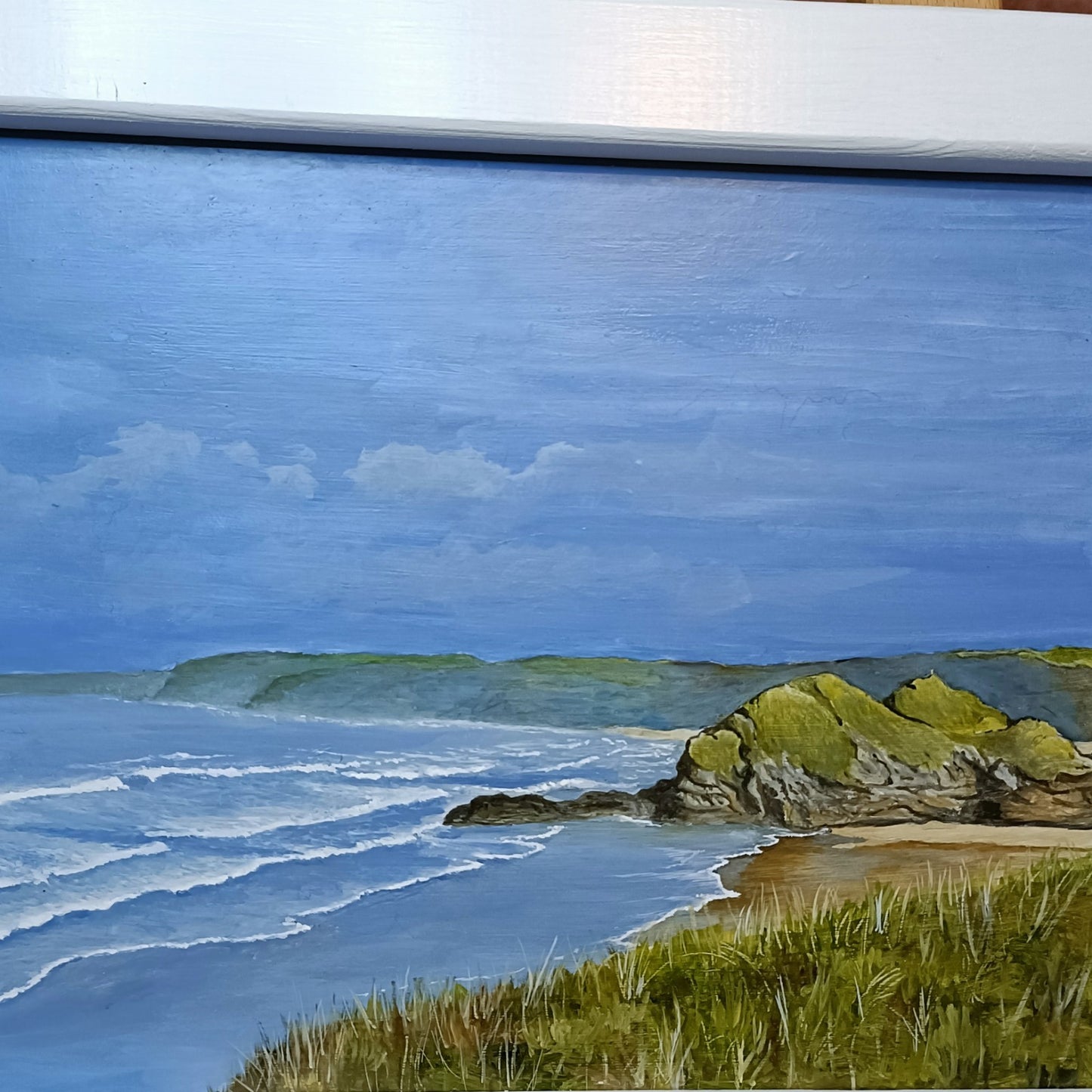 Signed original oil on board by Jan Merrick Horn, titled "Whipsiderry Beach," framed artwork from Curated Treasures.