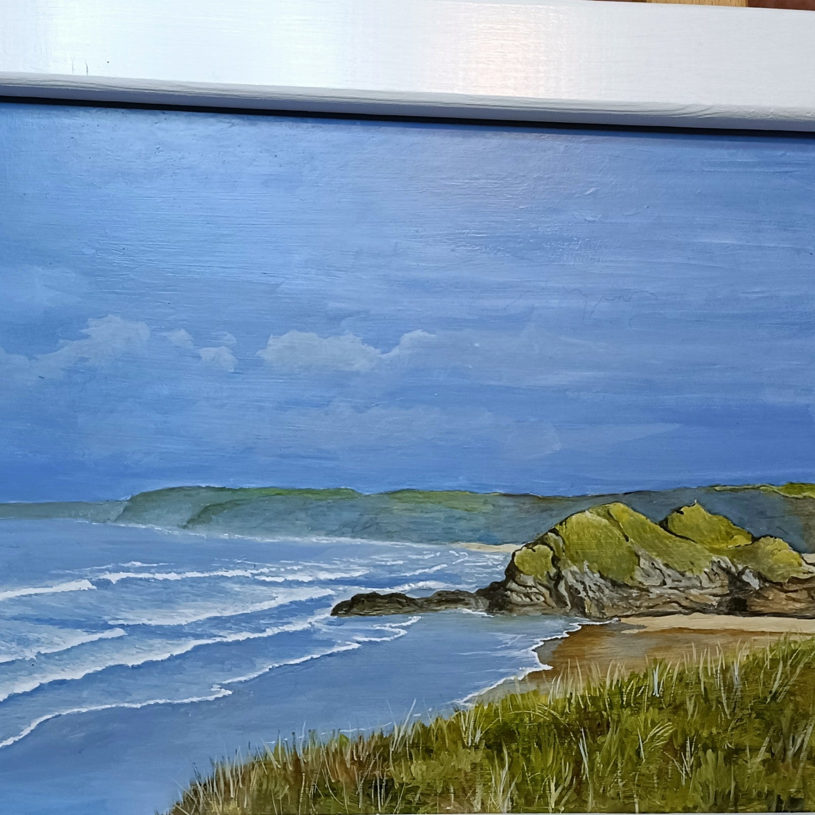 Signed original oil on board by Jan Merrick Horn, titled "Whipsiderry Beach," framed artwork from Curated Treasures.