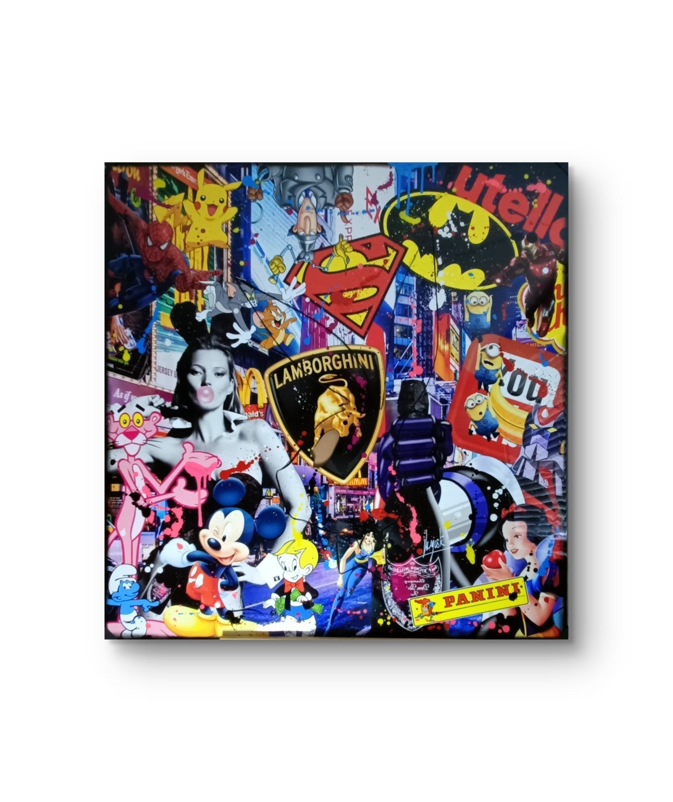 Original multi-media artwork "Playboy Party" by Auguste, a French artist, featuring vibrant colors and dynamic composition.