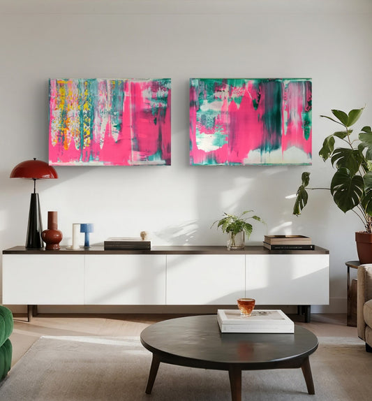 Signed original abstract diptych paintings titled "Pink Mountains" by Curated Treasures, featuring vibrant pink mountain scenes.