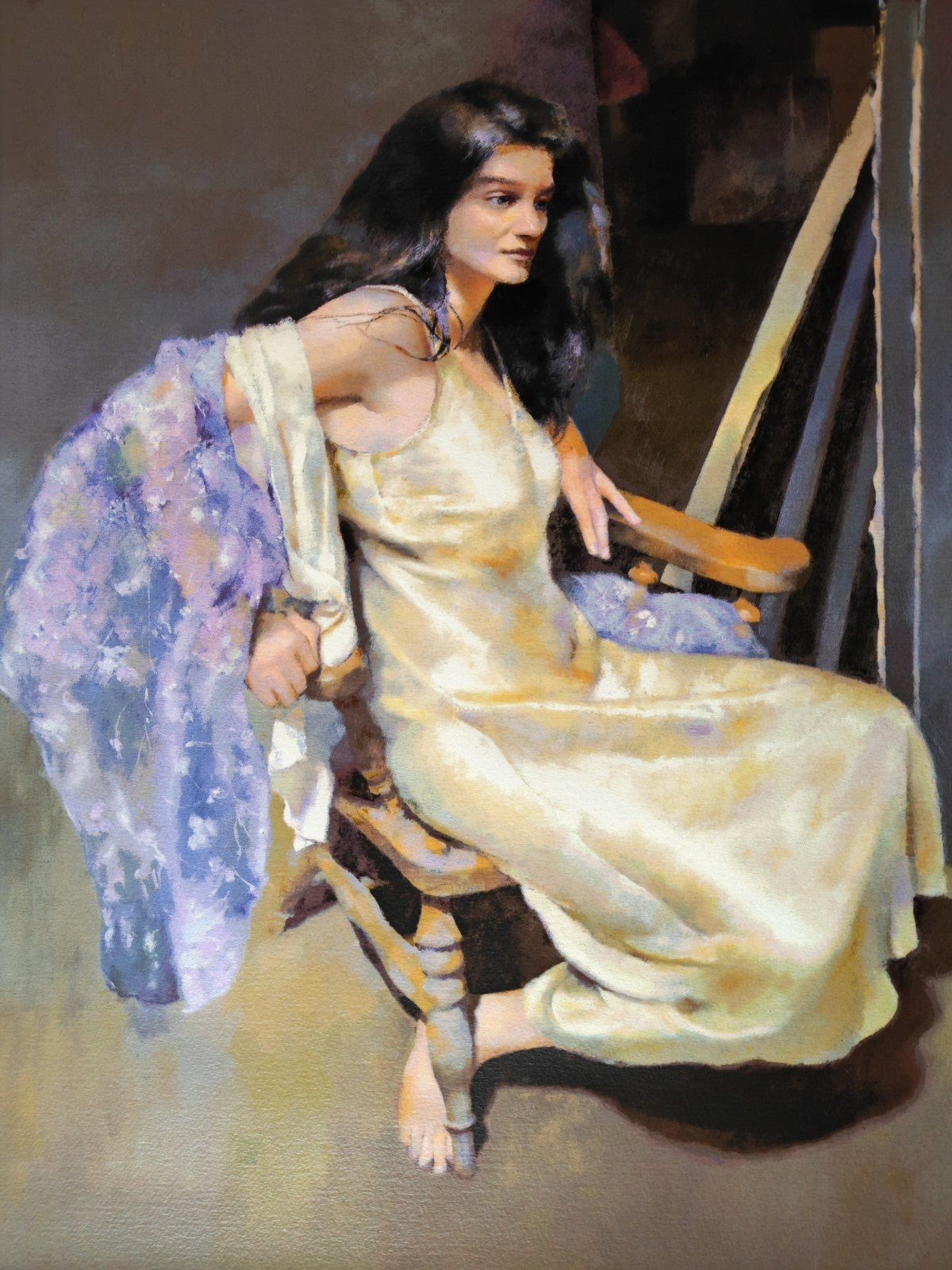 Signed limited edition art print "Esther Seated" by Robert Lenkiewicz, numbered 275 of 475, in a classic art gallery setting
