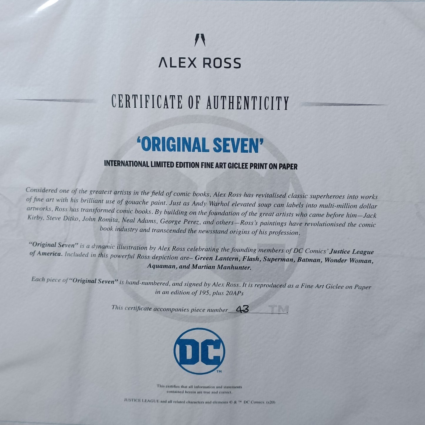 ALEX ROSS Framed Signed Limited Edition Print - "Original Seven" 43/195