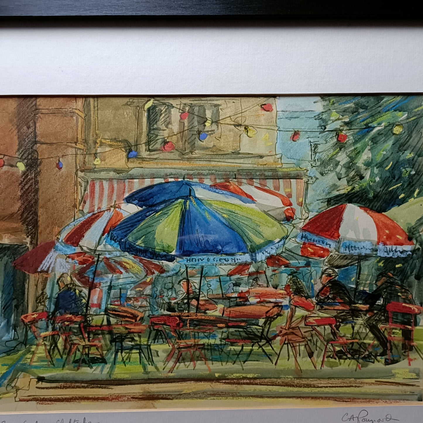 Carol A. Poupard Framed Original Gouache "Beer Garden, Cheltenham"