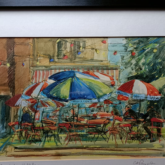 Carol A. Poupard Framed Original Gouache "Beer Garden, Cheltenham"