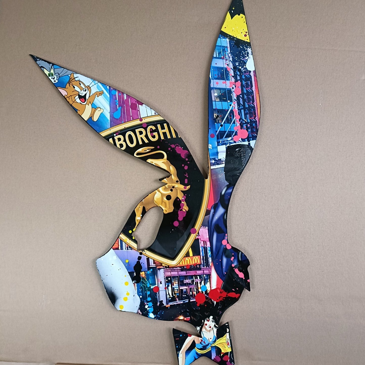 Original multi-media artwork titled "Playboy Party" by Auguste, French artist born 1977, featuring vibrant mixed media elements.