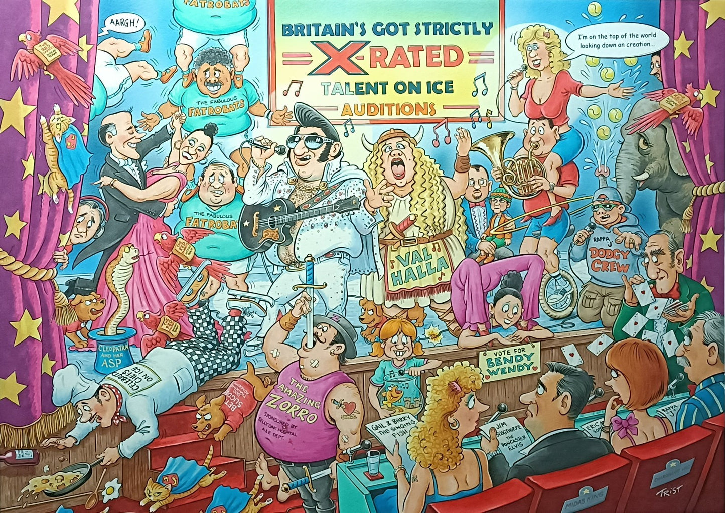 Original GEOFF TRISTRAM Gouache Cartoon "The Talent Show" (BGT) Jigsaw Art