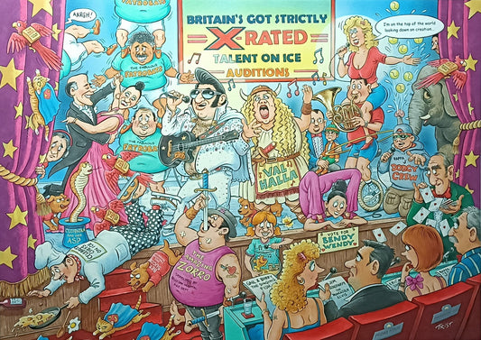 Original GEOFF TRISTRAM Gouache Cartoon "The Talent Show" (BGT) Jigsaw Art