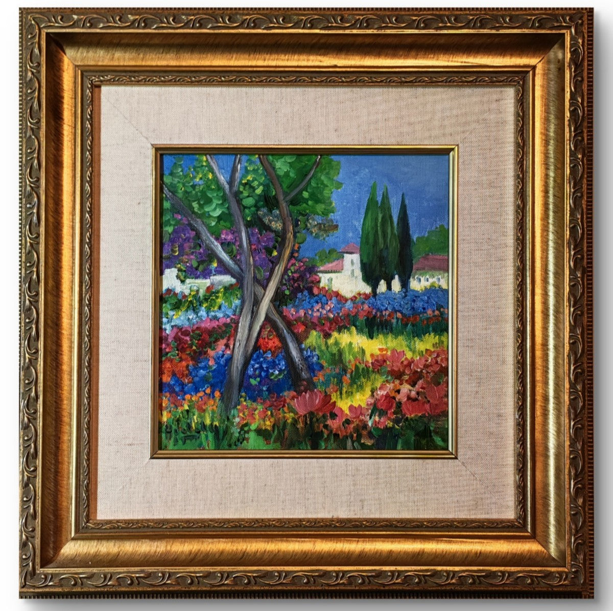 HEDDY KUN "Flower Garden with Cypress" Signed Framed Original Oil on Canvas